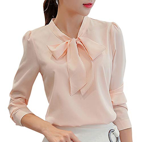 Women Work Tops Chiffon Long Sleeve Bow Tie Neck Shirts Solid Color Button Down Casual Office Blouse XL, Pink
