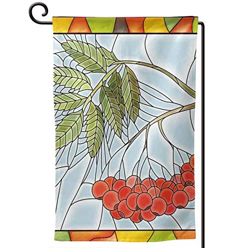 TENJONE Garden Flag 12.5 x 18 Inch, Rowan Branch Motif On A Stained Glass Frame Noel Season Berries Winter Theme