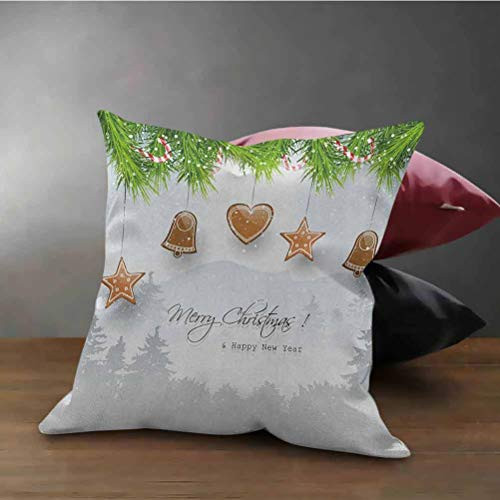 HouseLook Christmas Decorative Throw Pillow Covers Gingerbread Cookies Hanging from Fir Branches Forest Silhouette Pillow Case for Chair, Deco Indoor Pale Brown Green Pale Grey 18inch x18inch
