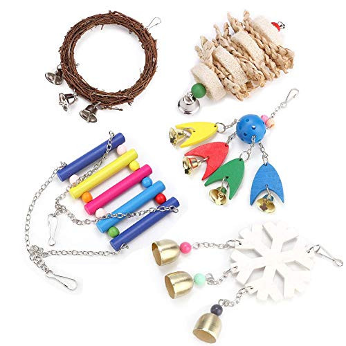 HEEPDD 5Pcs Bird Toy Set Parrots Chewing Hanging Perches with Bells Toys Bird Shreddable Birds Toy for Small Parakeets Cockatiels Conures Macaws Parrots Love Birds Finches