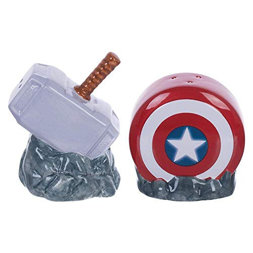 Vandor Marvel Captain America Shield  and  Thor Mjolnir Sculpted Ceramic Salt  and  Pepper Set