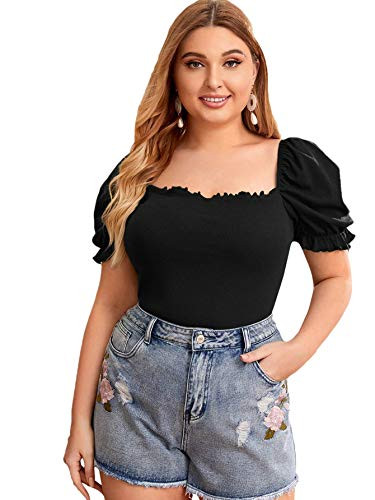 Romwe Women's Plus Size Rib Knit Frill Square Neck Puff Short Sleeve Tops Blouse Shirts Black 4X