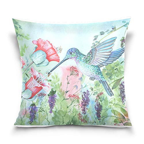 ALAZA Square Decorative Throw Pillow Case Cushion Cover Green Hummingbird and Red Flower Zipper Soft Pillowcase 18x18 inch Home Bed Sofa Pillow Cover