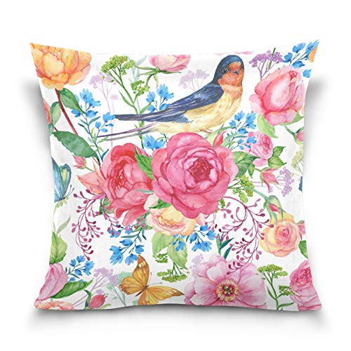 ALAZA Square Decorative Throw Pillow Case Cushion Cover Chic Vintage Red Flower Blue Butterfly and Bird Zipper Soft Pillowcase 18x18 inch Home Bed Sofa Pillow Cover