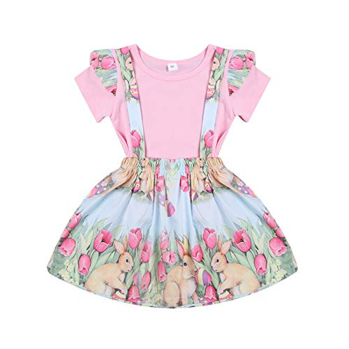 Toddler Kids Baby Girls Easter Outfits Ruffle Short Sleeve T-Shirt Top plus  Bunny Print Suspender Strap Skirt Outfit Overall Skirt Set Pink, 2-3 Years