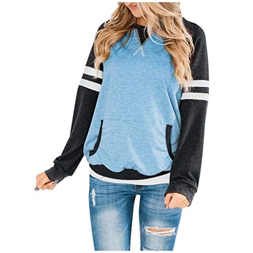 Womens Casual Sweatshirt Long Sleeve Color Block O Neck Pockets Striped Patchwork Pullover Tunic Tops Outwear WEI MOLO