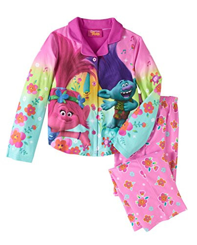 Dreamworks Movie Trolls Toddler Girls' Button Down Top and Bottom 2-Piece Pajama Set, Pink 10/12