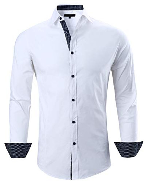 Esabel.C Men's Dress Shirts Long Sleeve Regular Fit Business Casual Button Down Shirts White M
