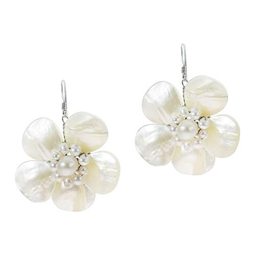 White Mother of Pearl and Cultured Freshwater Pearl Floral .925 Sterling Silver Dangle Earrings White Mother of Pearl and Cultured Freshwater Pearl Floral .925 Sterling Silver Dangle Earrings