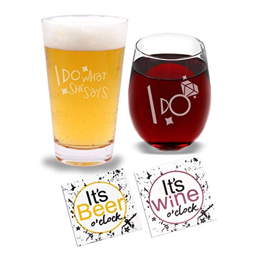 I Do & I Do What She Says - Beer Pint Glass & Wine Glass Combo with Coaster Set and Gift Box - Funny Novelty Present for Wedding Engagement Housewarming Couples