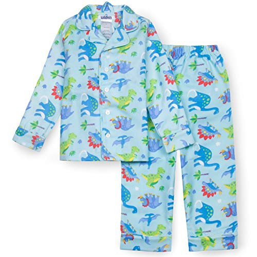 Wildkin Kids 2-Piece Button Down Pajama Set for Boys and Girls, 100 percent Polyester Flannel Fabric Pajama Set for Kids, Features Classic Button Closure Design, BPA-free, Size 4 Dinosaur Land