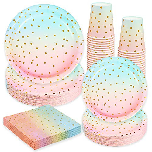 Larchio Pastel Rainbow Party Supplies, Pastel Party Plate Cups and Napkins for Kids Birthday Baby Shower Party Tableware, Serve 24