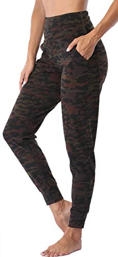 Oalka Women's Joggers High Waist Yoga Pockets Sweatpants Sport Workout Pants Multi Camo Brown L