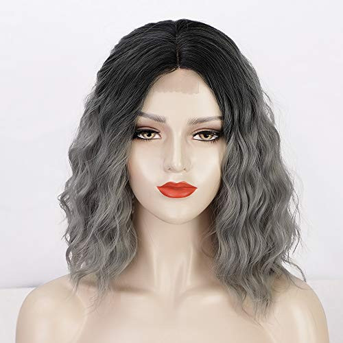 Nnzes Short Bob Wavy Curly Wig Synthetic Bob Wig Shoulder Length Hair for Black Women Middle Part Heat Resistant Hair