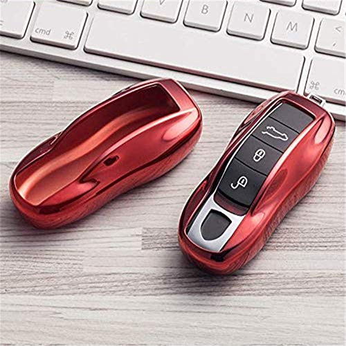 XTT Chrome Finish TPU Car Key Protector Remote Smart Key Cover Fob Case Shell for Porsche Cayenne Panamera Macan Cayman Boxster 718 911 Carrera Red