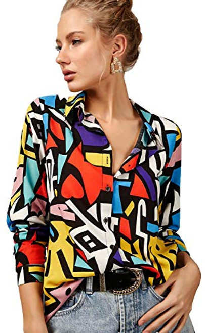 Blouses for Women Fashion, Casual Long Sleeve Dressy Button Down Shirts Tops, XS-3XL Mix Colors, X-Large