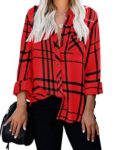ZC and GF Women's Long Sleeve V-Neck Stripes Casual Blouses Pocket Button Down Shirt Tops Red