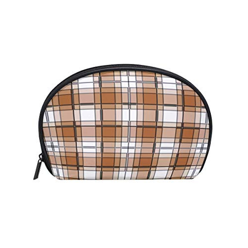 Brown Plaid Tartan Womens Half Moon Cosmetic Bag Makeup Pouch Shell Toiletry Kits