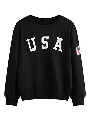 SweatyRocks Womens Casual Long Sleeve Crew Neck USA Letter Print Pullover Sweatshirt Black L