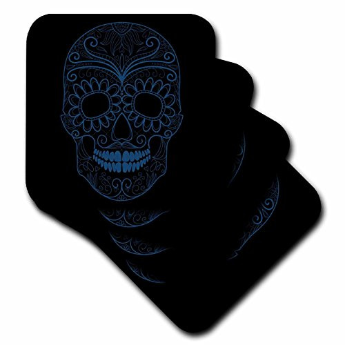 3dRose CST_130487_3 Blue and Black Sugar Skull Day of The Dead Art Ceramic Tile Coasters, Set of 4