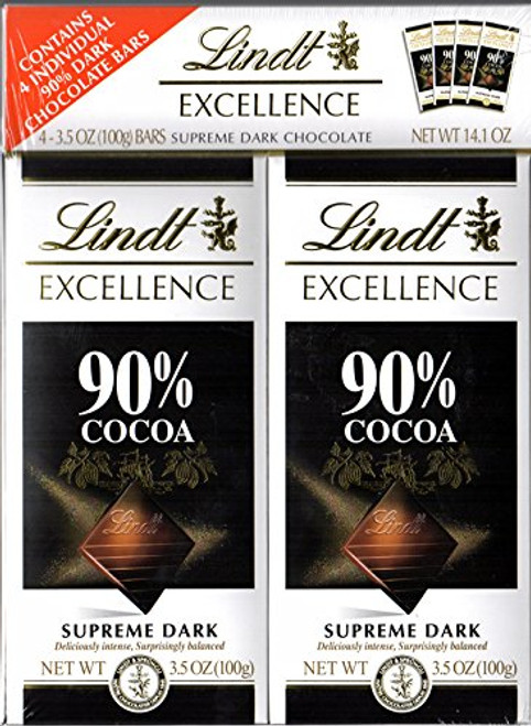 Lindt Excellence bar, 90 percent Cocoa Supreme Dark Chocolate, Gluten Free, Great for Holiday Gifting, 3.5 Oz, 4Count Lindt Excellence bar, 90 percent Cocoa Supreme Dark Chocolate, Gluten Free, Great for Holiday Gifting, 3.5 Oz, 4Count