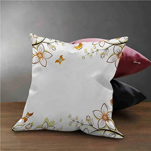 HouseLook Floral Square Pillow Case Flowers Leaves Branches Buds Butterflies Frame Like Image Print Pillow Custom Zippered Square Pillowcase Pale Brown Pale Green White 20inch x20inch
