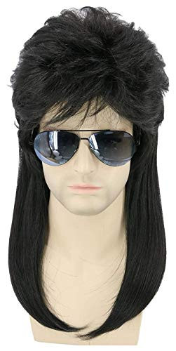 Achket Mens 80s Mullet Wig Long Black Wig Redneck Wig Punk Heavy Metal Rocker Disco Wig for Cosplay Fancy Dress Party