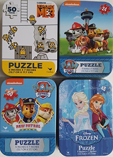 4 Collectible Girls/Boys Mini Jigsaw Puzzles in Travel Tin Cases Nickelodeon Disney Kids Two Paw Patrol. Despicable Me, Frozen Gift Set Bundle