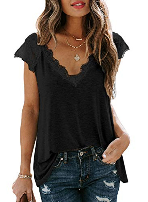 Lovezesent Women's Plus Size Black Lace Trim Loose Fit Tank Tops Summer Sleeveless V Neck Flowy Tunic Shirts Blouses Tops XL Lovezesent Women's Plus Size Black Lace Trim Loose Fit Tank Tops Summer Sleeveless V Neck Flowy Tunic Shirts Blouses Tops XL