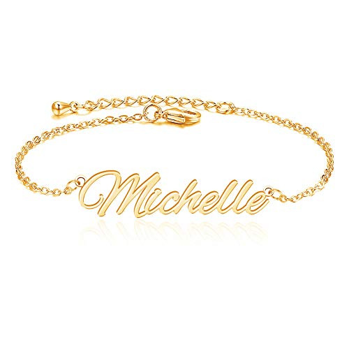 Personalized Name Ankle Bracelet for Women Custom initial Link Bar Anklet Bracelet with Any Names 18K Gold Plated Customized Name Jewelry for Girls 6.7-10.7