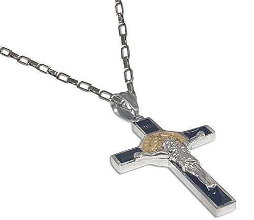 Unique Saint Benedict Crucifix - Two Tone Gold and Silver Color Stainless St Benedict Cross Necklace Black