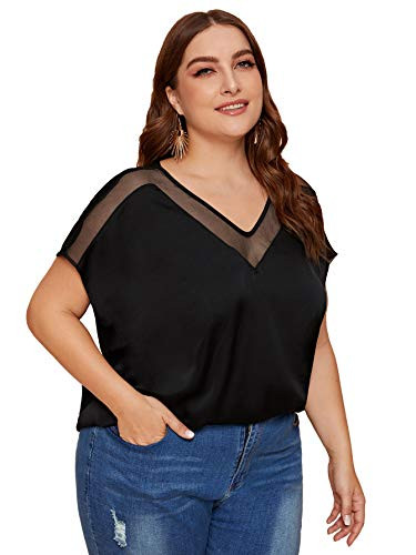 Romwe Women's Plus Size Batwing Short Sleeve Contrast Mesh V Neck Satin Blouse Top Shirts Black3 4X