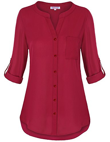 Misswor Cuffed Sleeve Tunic Top, Work Shirt Banded Collar Split V-Neck 3 Quarter Tab Sleeve Button Down Round Hemline Elegant Solid Color Chiffon Tunic Boutique Fall Clothes Red XL