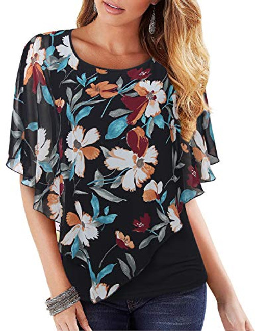 Lotusmile Womens Blouses and Tops Dressy, Ladies Double-Layered Floral Printed Chiffon Poncho Blouse Top Lightweight Loose Fit Summer Cool Curved Hem Flattering Flowy Poncho Shirt Black,Medium