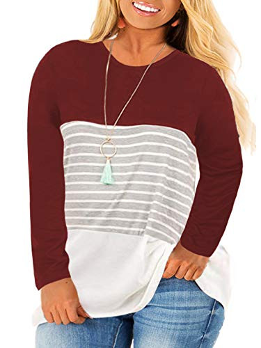 VISLILY Women's Plus Size Tunic Tops Long Sleeve Loose Striped Tee Shirts Wine Red 24W