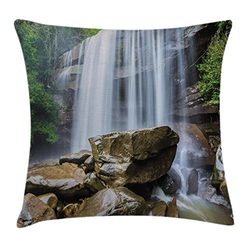 Ambesonne Waterfall Throw Pillow Cushion Cover, Waterfalls Surrounded by Rocks and Tropical Exotic Plant Nature Art, Decorative Square Accent Pillow Case, 20inch  X 20inch , White Green and Brown