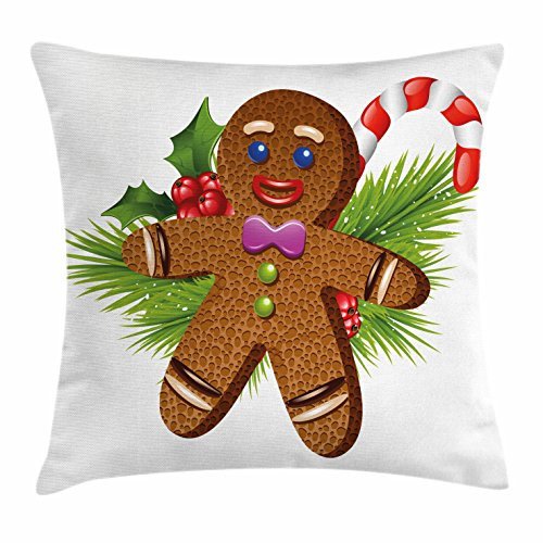 Ambesonne Gingerbread Man Throw Pillow Cushion Cover, Tasty Pastry on Coniferous Branches Candy Cane and Holly Berry, Decorative Square Accent Pillow Case, 20inch  X 20inch , Brown Green Red