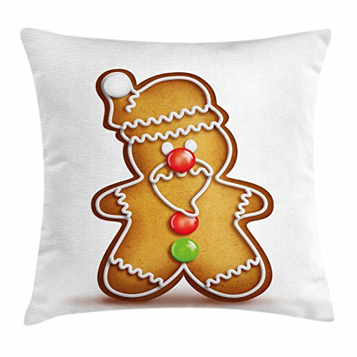 Ambesonne Gingerbread Man Throw Pillow Cushion Cover, Whimsical Cartoon Santa Gingerbread Man with Bonbon Candies, Decorative Square Accent Pillow Case, 20inch  X 20inch , Pale Brown Red Green