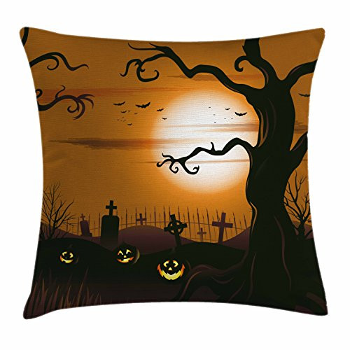 Ambesonne Halloween Throw Pillow Cushion Cover, Leafless Creepy Tree with Twiggy Branches at Night in Cemetery Graphic Drawing, Decorative Square Accent Pillow Case, 20inch X 20inch , Brown Tan Ambesonne Halloween Throw Pillow Cushion Cover, Leafless Creepy Tree with Twiggy Branches at Night in Cemetery Graphic Drawing, Decorative Square Accent Pillow Case, 20inch X 20inch , Brown Tan