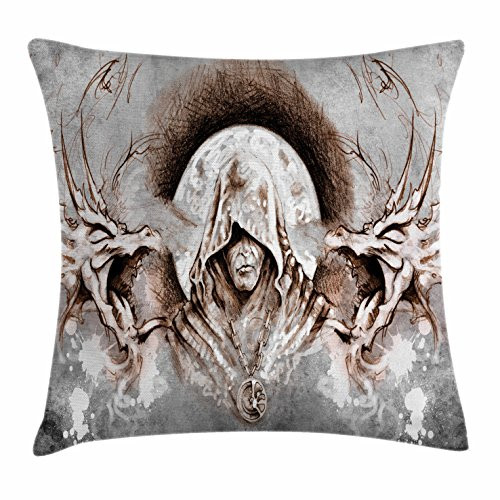 Ambesonne Dragon Throw Pillow Cushion Cover, Monk Witch on Tree Branches Background Gothic Medieval Magic Graphic, Decorative Square Accent Pillow Case, 20inch X 20inch , Grey Umber Brown Ambesonne Dragon Throw Pillow Cushion Cover, Monk Witch on Tree Branches Background Gothic Medieval Magic Graphic, Decorative Square Accent Pillow Case, 20inch X 20inch , Grey Umber Brown