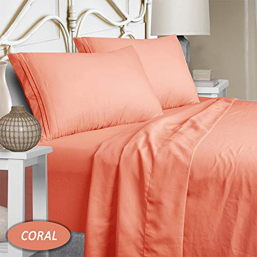 Mejoroom Queen Size Sheet Set - Soft Microfiber Bed Sheets,Deep Pocket Fitted Sheet, Hypoallergenic,Wrinkle and  Breathable, Fade Resistant - 4 Piece Queen, Coral