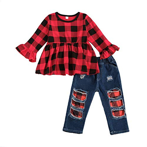 Kids Toddler Girls Outfits Long Sleeve Floral Dress Ruffle Top Ripped Jeans Denim Pants Set Clothes red,3-4T Kids Toddler Girls Outfits Long Sleeve Floral Dress Ruffle Top Ripped Jeans Denim Pants Set Clothes red,3-4T