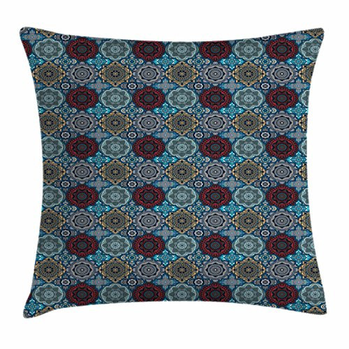 Ambesonne Moroccan Throw Pillow Cushion Cover, Patchwork Style Vintage Ottoman Inspiration Retro Motifs, Decorative Square Accent Pillow Case, 20inch  X 20inch , Sand Brown Blue and Ruby