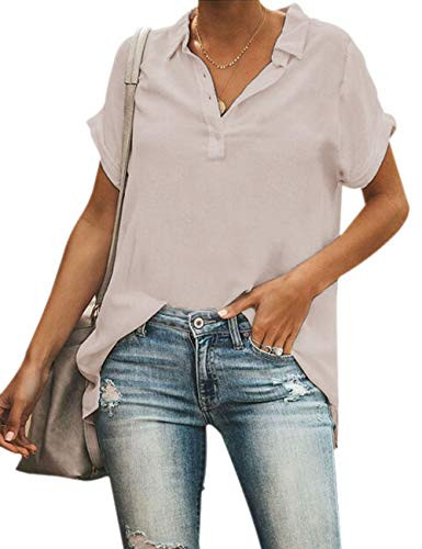 Womens Button Down V Neck Shirts Short Sleeve Blouse Roll Up Cuffed Sleeve Casual Work Plain Tops Apricot XL