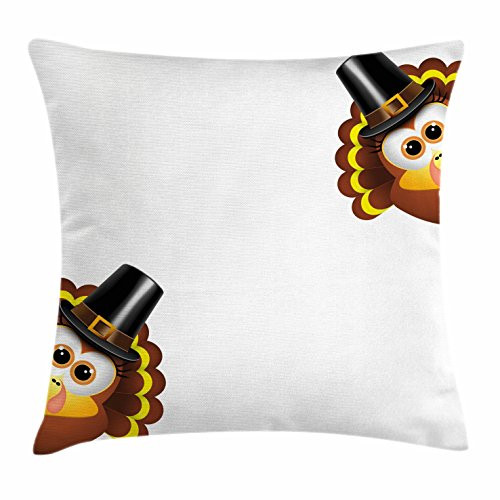 Ambesonne Turkey Throw Pillow Cushion Cover, Silly Turkey Cartoon Animal Characters with Pilgrims Hat Autumn Feast Day, Decorative Square Accent Pillow Case, 20inch  X 20inch , Brown Black Yellow