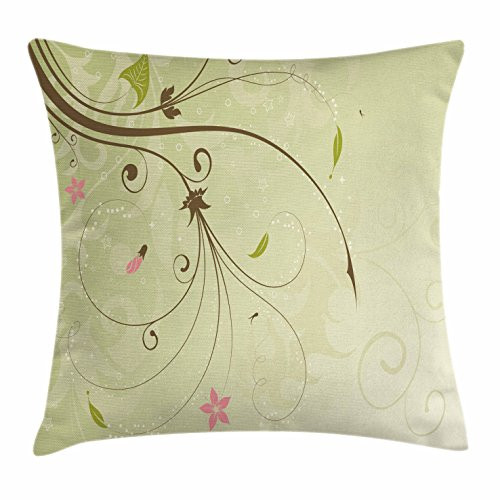 Ambesonne Green and Brown Throw Pillow Cushion Cover, Floral Arrangement with Swirls Lines Petal Buds Abstract Bouquet, Decorative Square Accent Pillow Case, 20inch  X 20inch , Pale Green Brown Pink