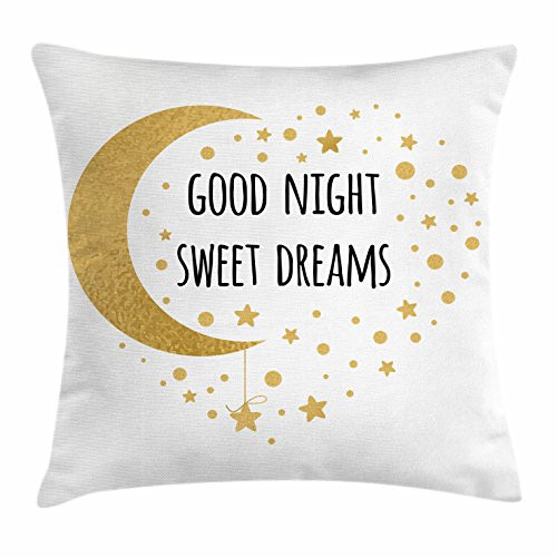 Ambesonne Saying Throw Pillow Cushion Cover, Cheerful Calligraphy with Moon Stars and Dots Monochrome Night Motifs, Decorative Square Accent Pillow Case, 20inch  X 20inch , Sand Brown Black