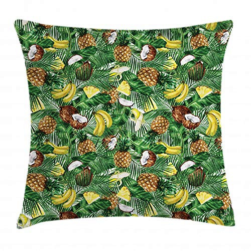 Ambesonne Tropical Throw Pillow Cushion Cover, Pineapples Banana and Coconut Pattern in Fern Leaves Exotic Hawaiian, Decorative Square Accent Pillow Case, 20inch  X 20inch , Green Brown Yellow White