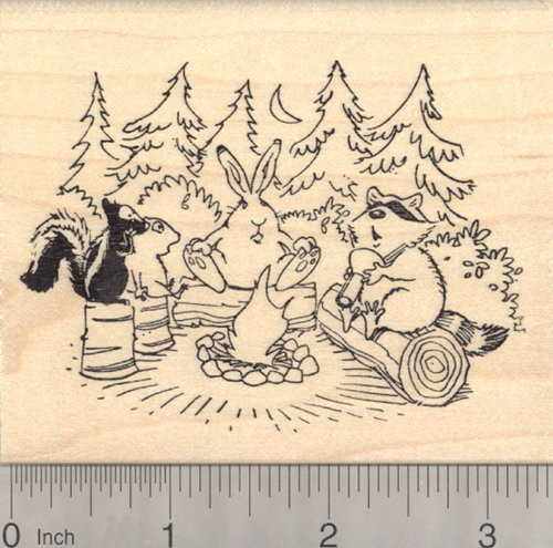 Campfire Rubber Stamp, Woodland Ghost Stories, Raccoon, Skunk, Rabbit, Chipmunk
