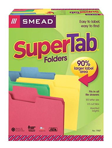 Smead SuperTab File Folder, Oversized 1/3-Cut Tab, Letter Size, Assorted Colors, 100 per Box 11987